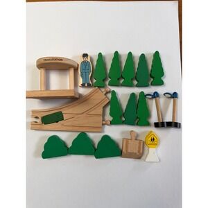 Assortment of Wooden Train  Accessories Track Signs Trees Green Brown